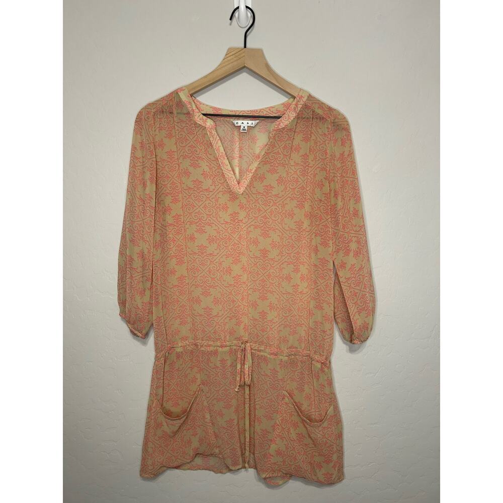Cabi Tunic Top Geometric Pattern Long Sleeve Drawstring S